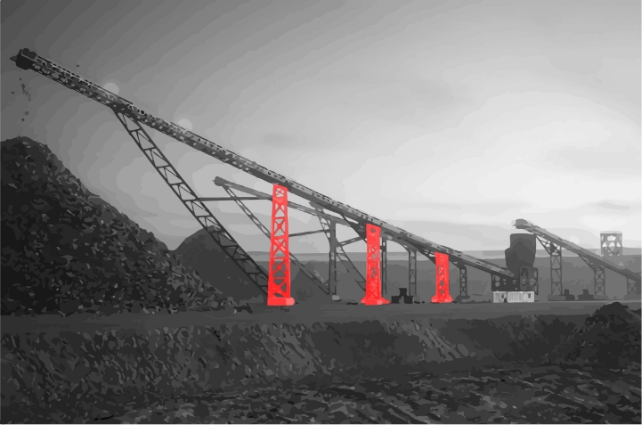 black and white image of a mining stacking conveyer