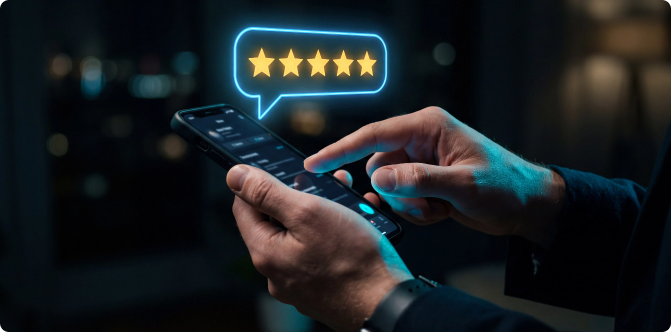 Person holding a phone with a glowing five-star review icon.